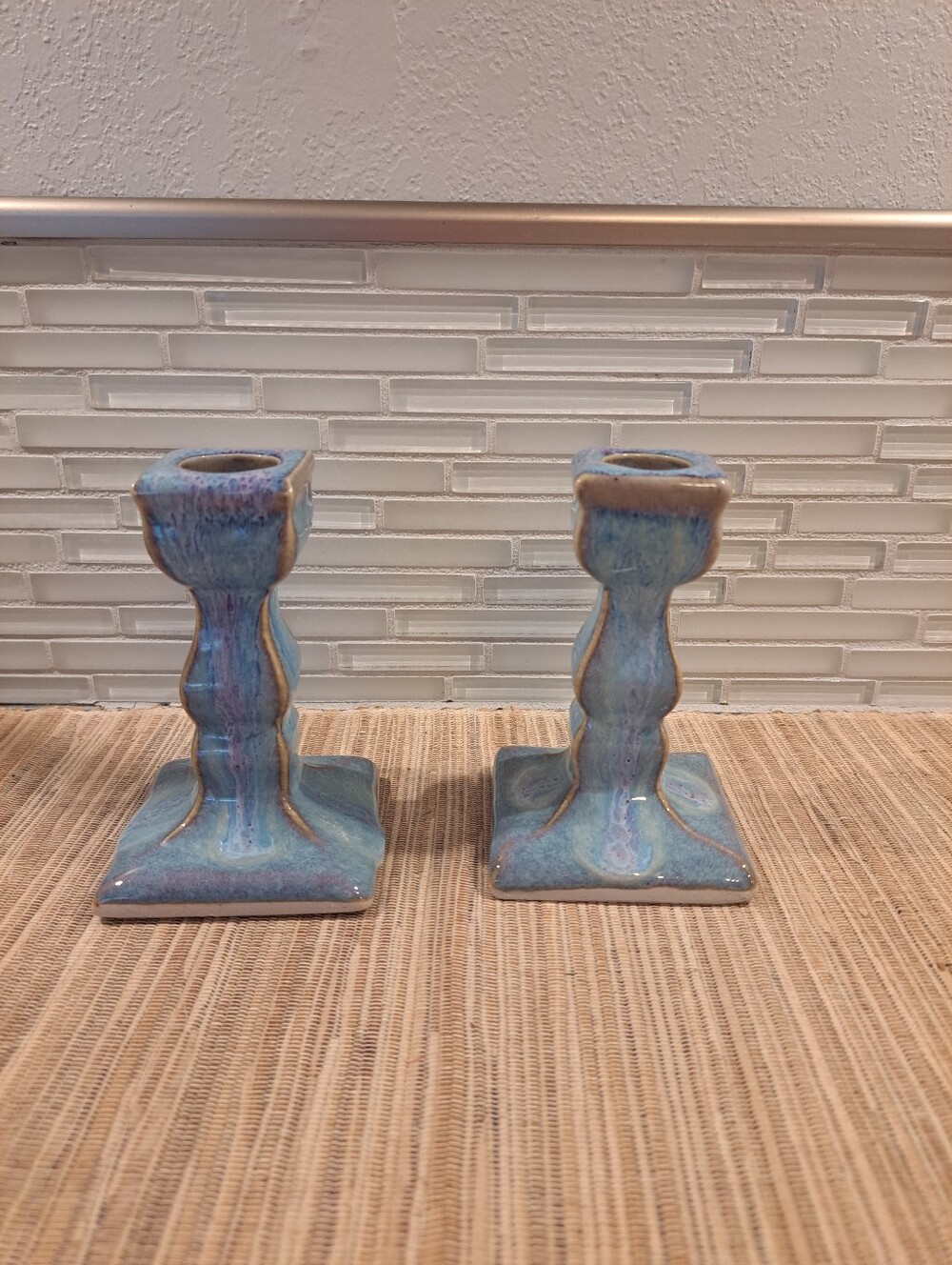 Bay Pottery Blue Purple  Reactive Glaze Candle Holders Candlesticks Virginia USA